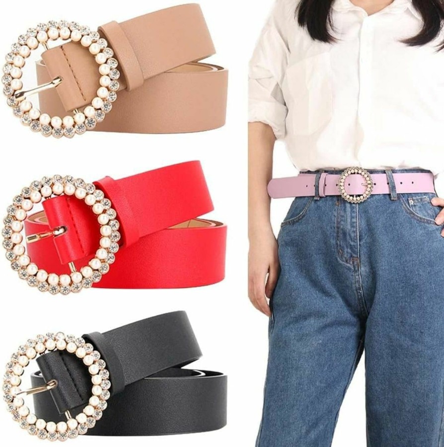 Leadigol Leadigol Women Pu Leather Belts, Faux Leather Jeans Belt Buckle, Vintage Round Buckle Women'S Belt, Casual Pu Leather Pearl Round Buckle Waist Belt, Korean Style Belt | Belts