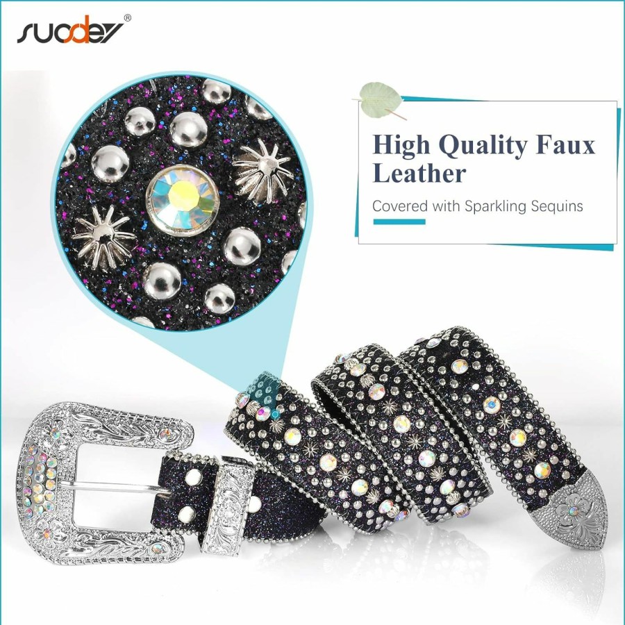 SUOSDEY Suosdey Men Women Rhinestone Belt Western Cowboy Cowgirl Shine Crystal Diamond Studded Luxury Strap Belts | Belts