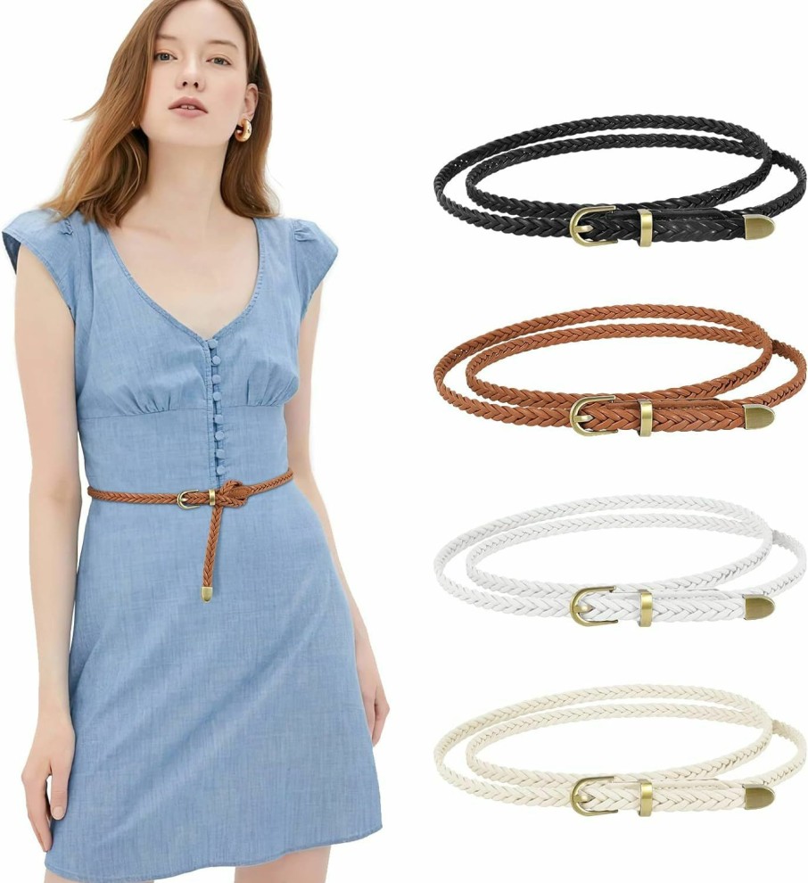 JASGOOD Jasgood 4 Pieces Skinny Braided Leather Belt For Women Thin Woven Waist Belt For Dress | Belts