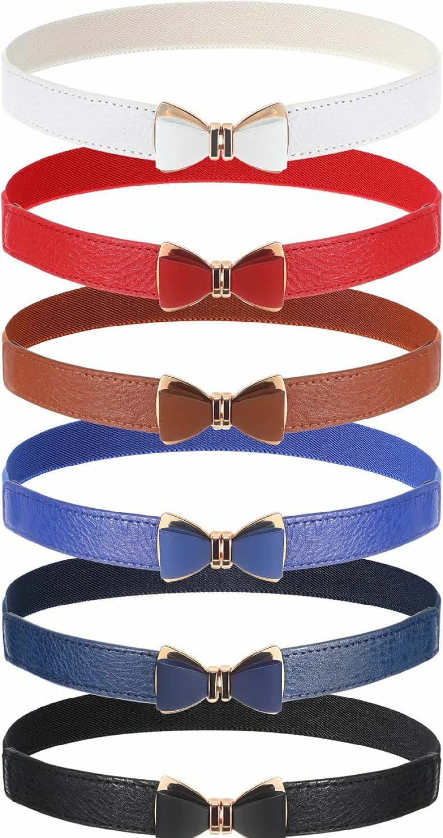 Zhanmai Zhanmai 6 Pieces Bow Skinny Elastic Waist Belt Faux Leather Stretchy Belt 1.18 Inch Wide Thin Belt For Dress Women Girls, 6 Colors | Belts