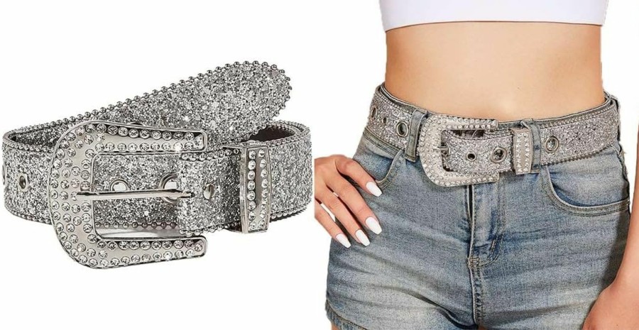 INOGIH Inogih Glitter Western Cowboy Style Rhinestone Belt Luxury Bling Bling Diamond Crystal Studded Belts For Jeans Pants Dress | Belts