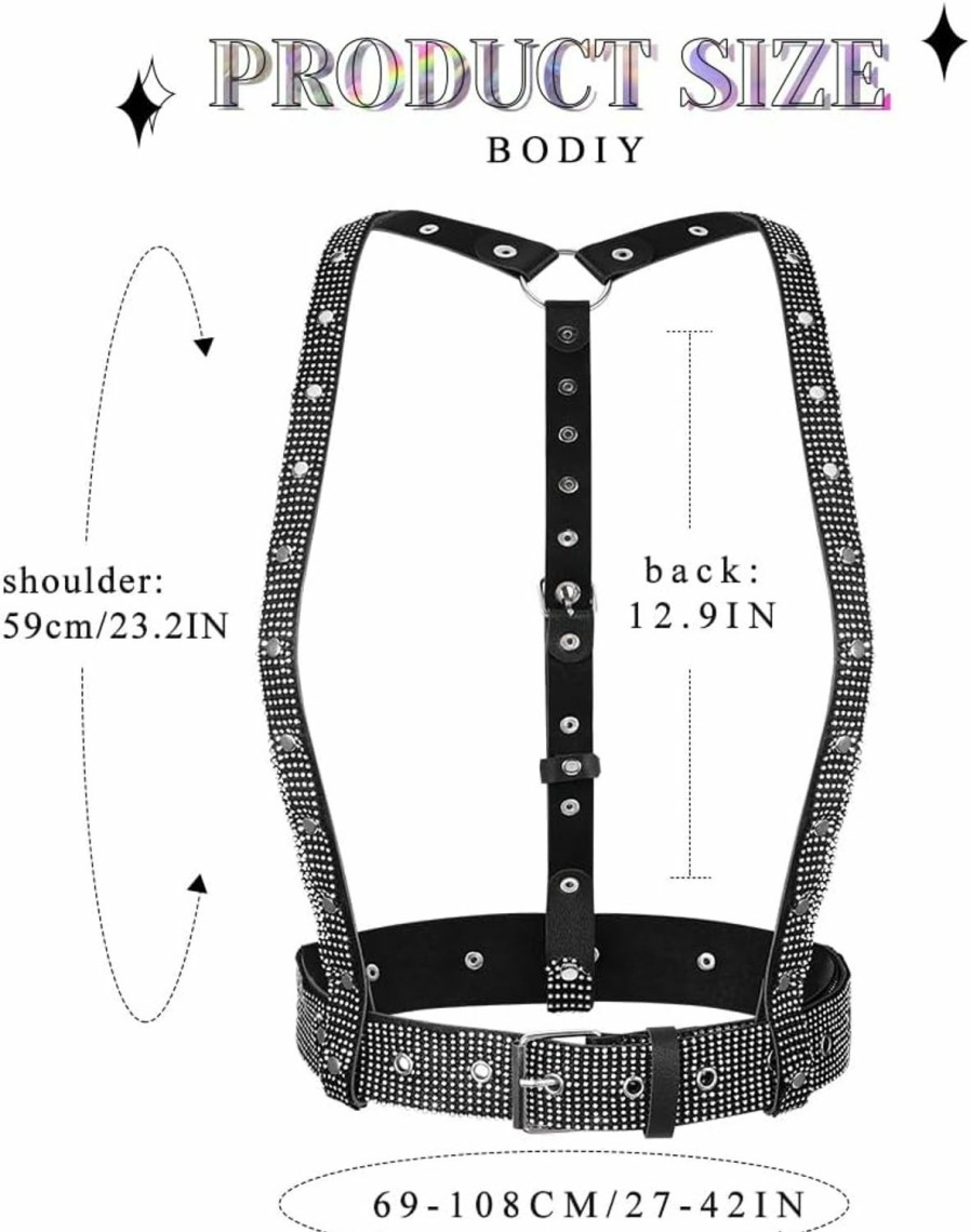 BODIY Bodiy Shiny Crystal Harness Women Fashion Waist Belt Disco Black Leather Wide Waist Strap Shoulder Rave Harness | Belts