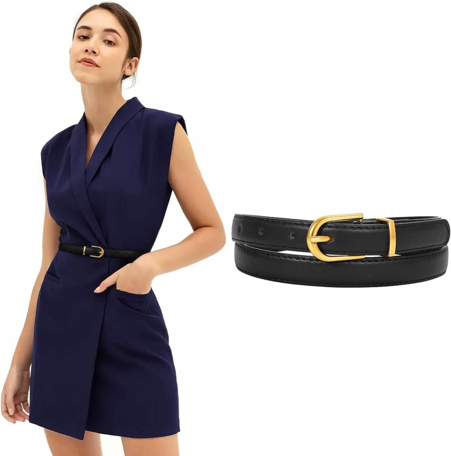 JASGOOD Jasgood Womens Thin Leather Belt Skinny Faux Leather Belt For Jeans Dress With Gold Alloy Buckle | Belts