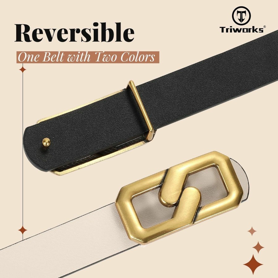 TRIWORKS Reversible Leather Belt For Women, Gold Buckle Leather Belt For Jeans Pants | Belts