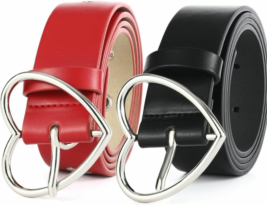 RISANTRY Red Heart Belts For Women Fashion, Ladies Dress Belts For Women Dressy, Black Leather Belts For Womens Jeans 2 Pack | Belts