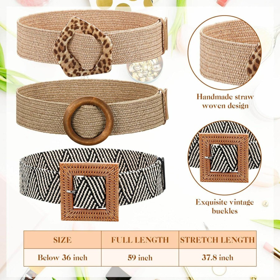 Geyoga Geyoga 4 Pieces Straw Belts For Women Dresses Straw Woven Elastic Stretch Wide Waist Belt With Buckle Boho Braided Dress Belt | Belts