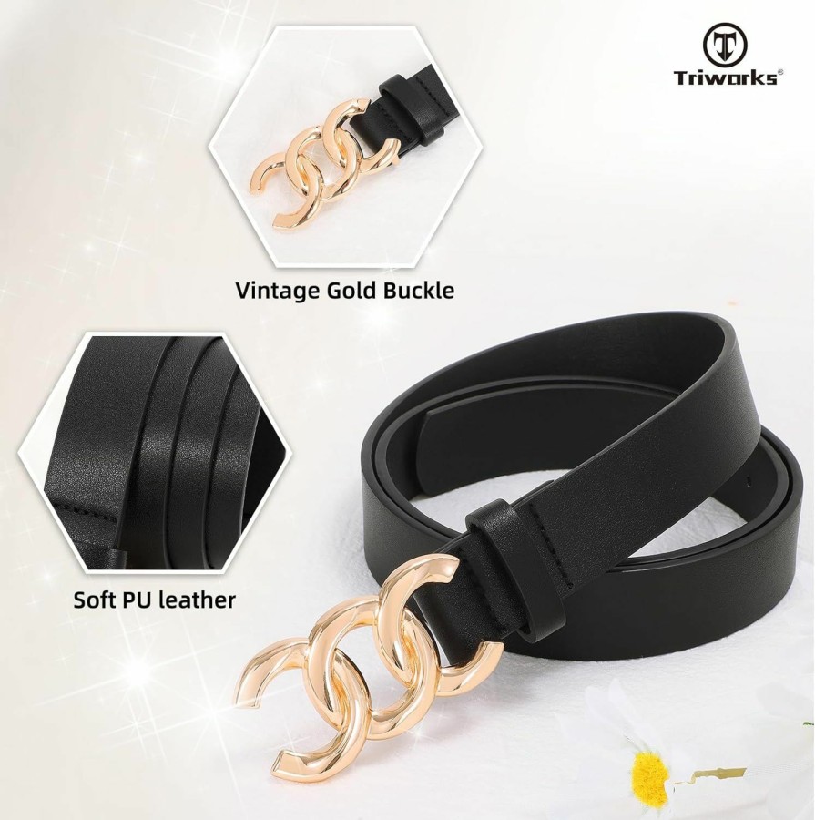 TRIWORKS Women Leather Belts For Jeans Pants, Fashion Gold Buckle Ladies Leather Dress Belt | Belts