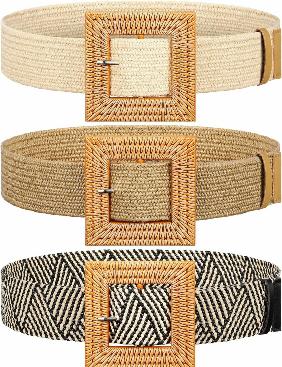 Amazon 3 Pieces Straw Woven Belt Elastic Stretch Belt Boho Waist Belt Skinny Dress Braided Belt Wooden Buckle For Women | Belts