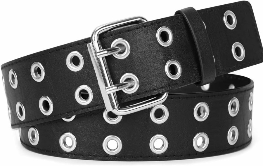 WERFORU Werforu Double Grommet Belt Pu Leather Punk Belt For Women Men Jeans 2 Hole Belts 1.5 Wide | Belts