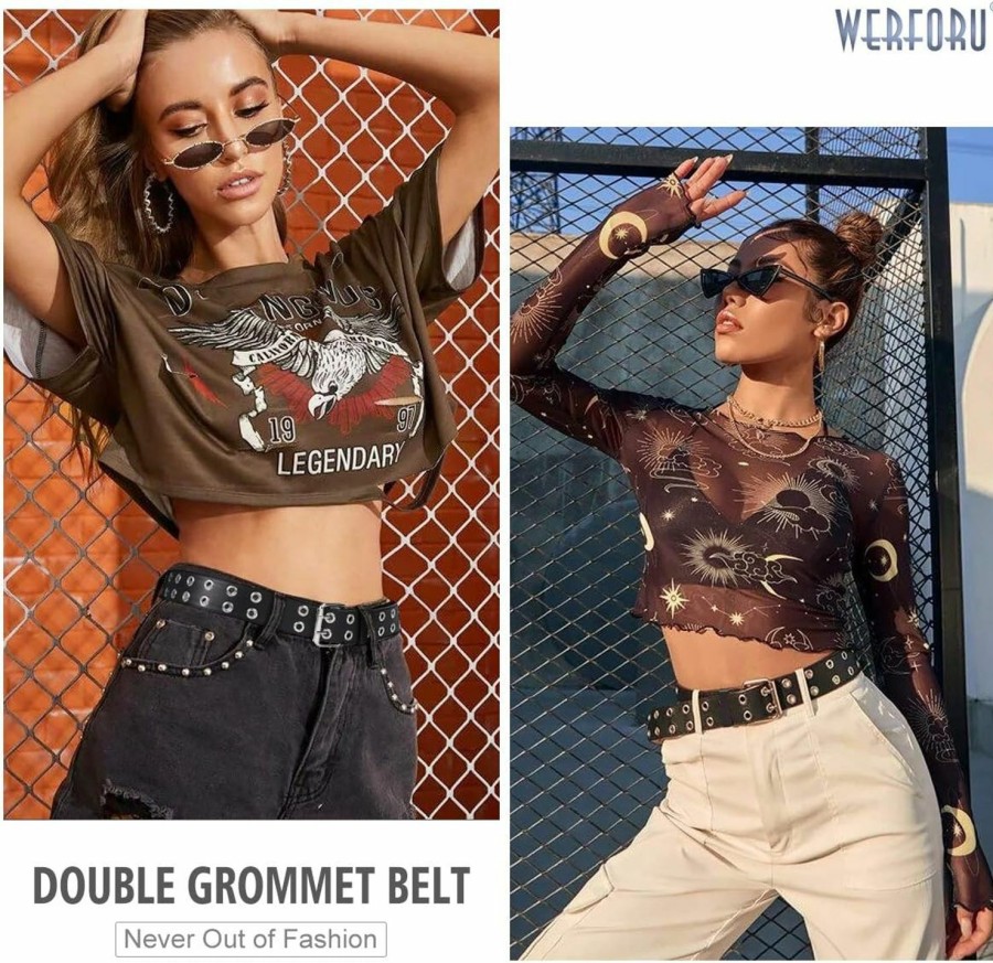 WERFORU Werforu Double Grommet Belt Pu Leather Punk Belt For Women Men Jeans 2 Hole Belts 1.5 Wide | Belts