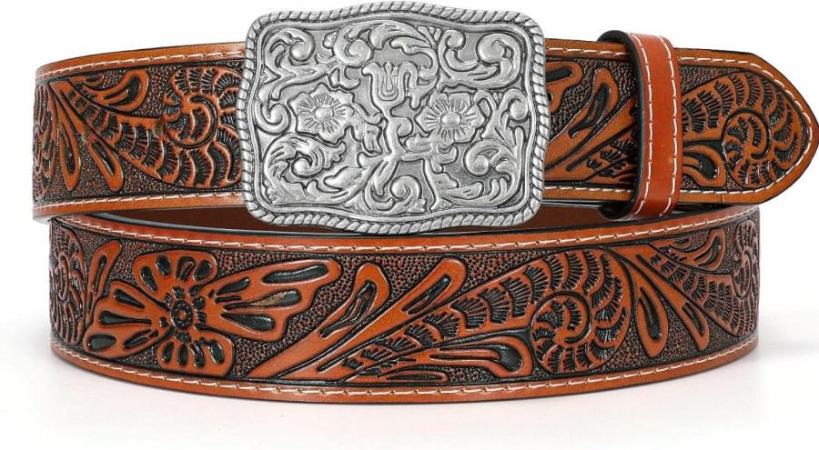 TRIWORKS Western Belts For Women Men Cowgirl Cowboy Embossed Engraved Tooled Leather Belt With Buckle For Jeans Pants Rodeo | Belts