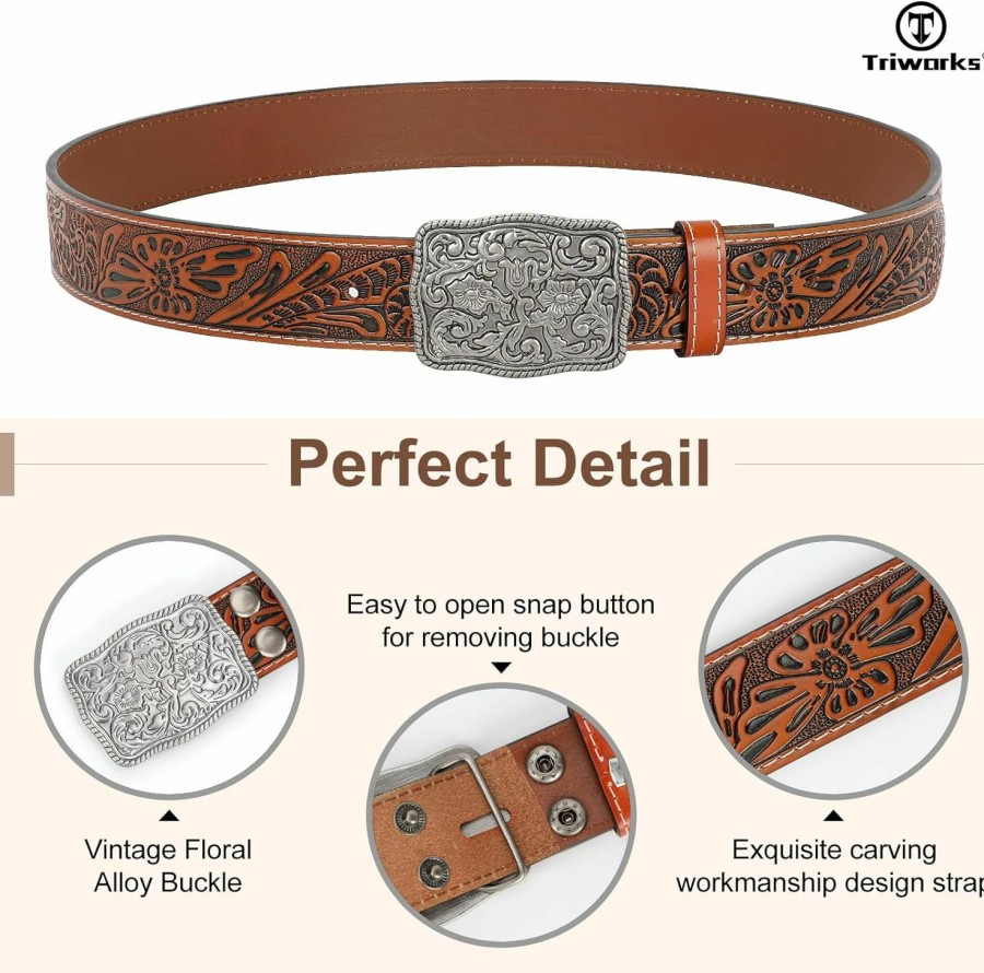 TRIWORKS Western Belts For Women Men Cowgirl Cowboy Embossed Engraved Tooled Leather Belt With Buckle For Jeans Pants Rodeo | Belts