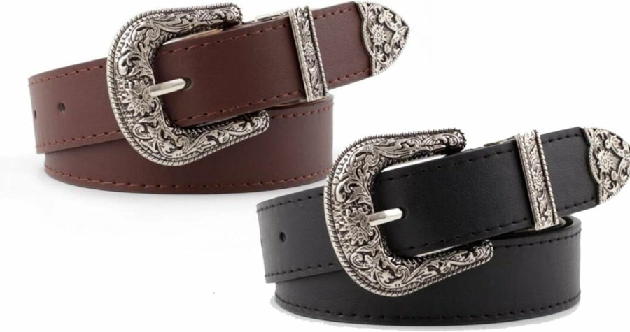 INOGIH Inogih Western-Leather-Belts-Women Vintage Waist-Belts With Hollow Out Flower Buckle | Belts