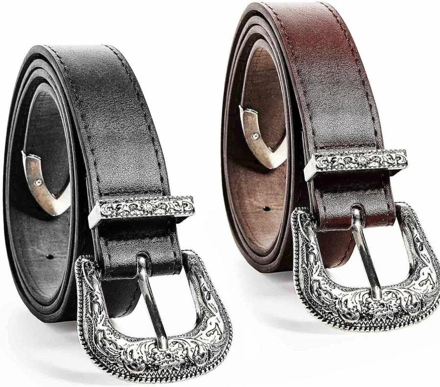 INOGIH Inogih Western-Leather-Belts-Women Vintage Waist-Belts With Hollow Out Flower Buckle | Belts