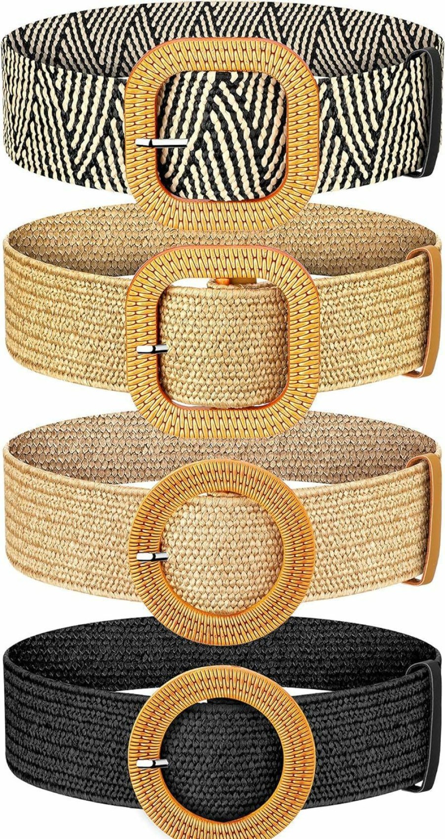 Geyoga Geyoga 4 Pieces Women Straw Woven Elastic Stretch Waist Belt Women Skinny Dress Belt Wooden Style Buckle Waist Dress Band For Women | Belts