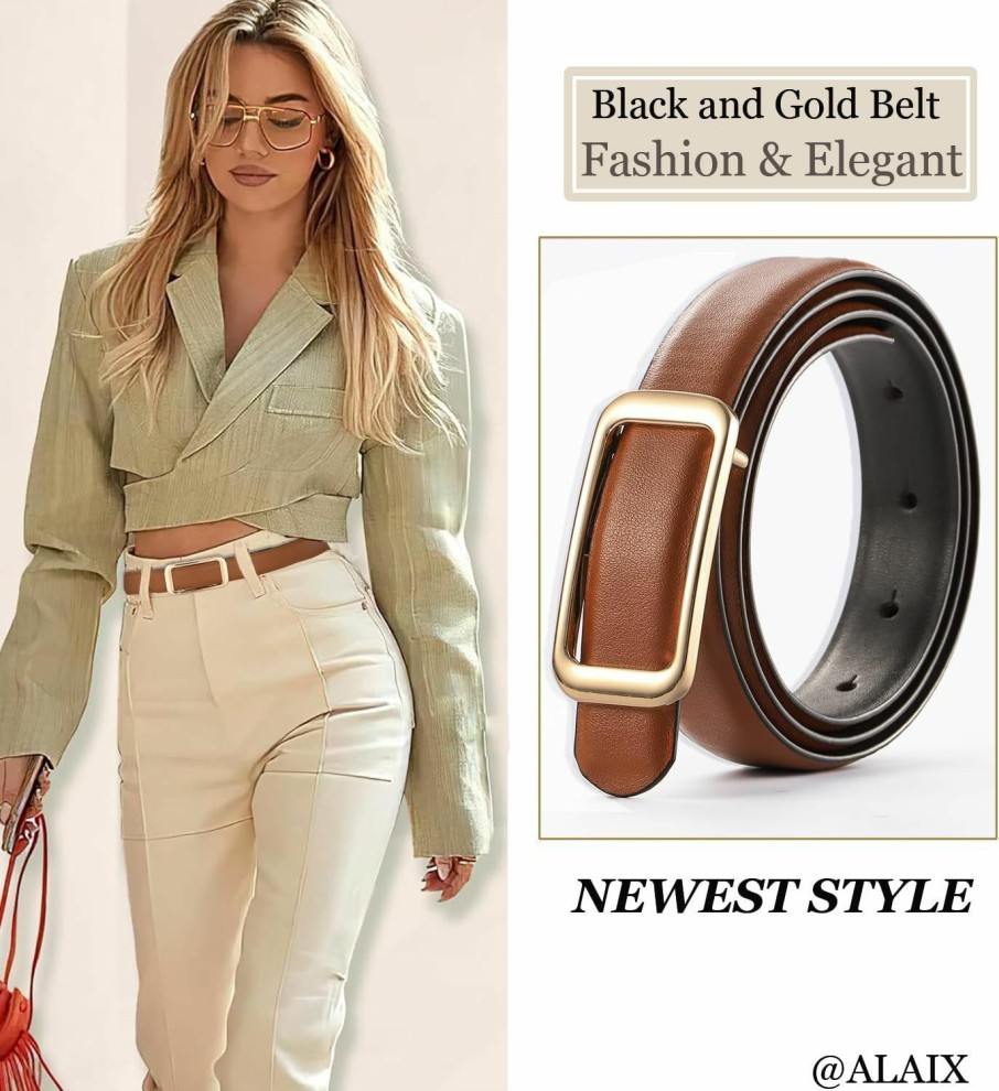 ALAIX Alaix Women'S Leather Belt For Jeans Pants Fashion Belt With Gold/Silver Buckle Elegant Thin Waist Dress Belts For Women | Belts