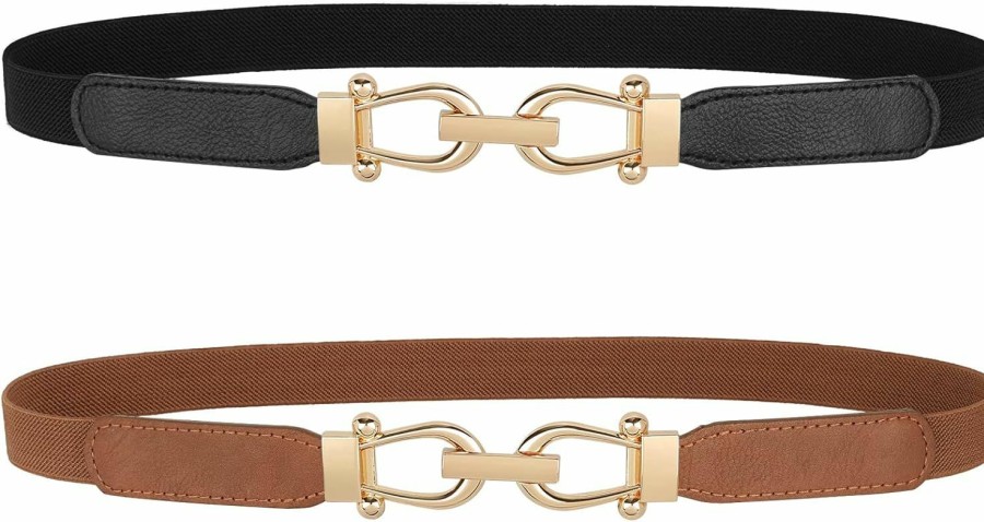 JASGOOD Jasgood Women Skinny Elastic Belt For Dresses,Thin Retro Stretch Waist Belt With Golden Buckle 2 Pack | Belts