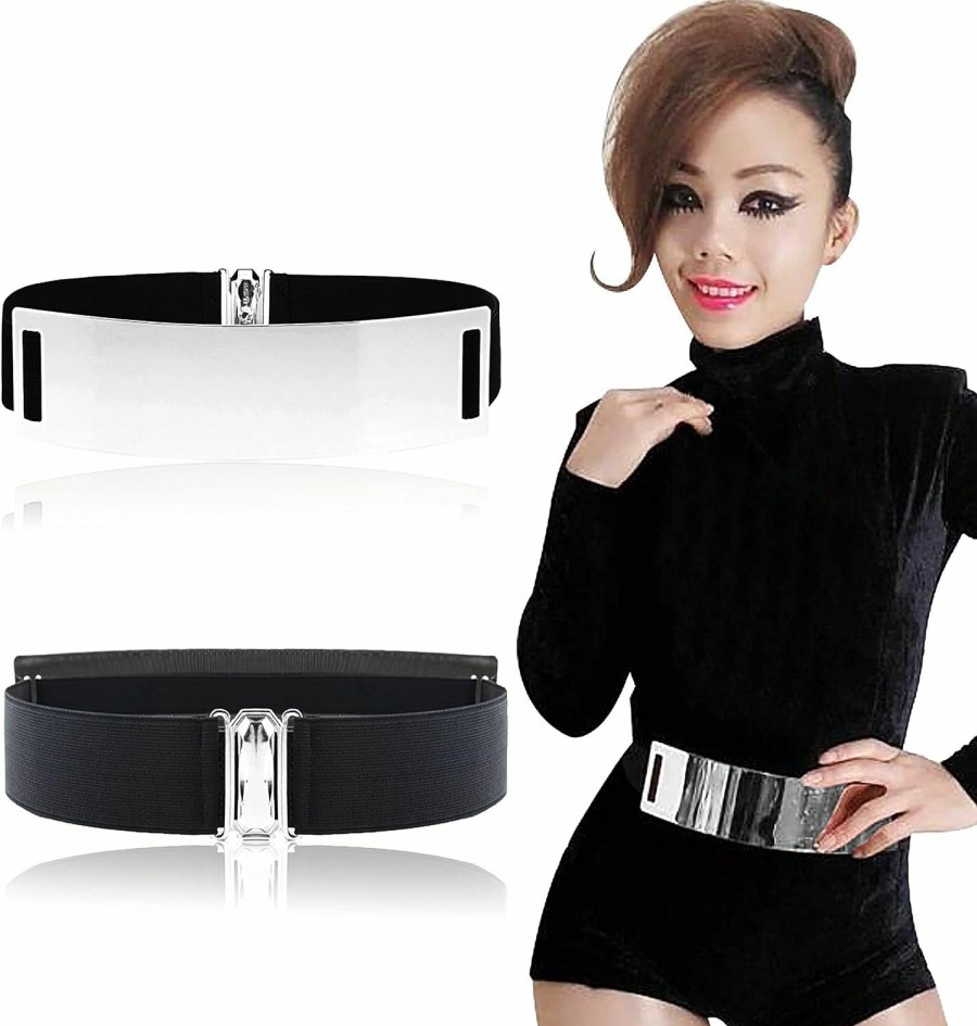 Bellady Bellady Women Mirror Gold Tone Plate Metal Waist Elastic Belt Obi Band | Belts