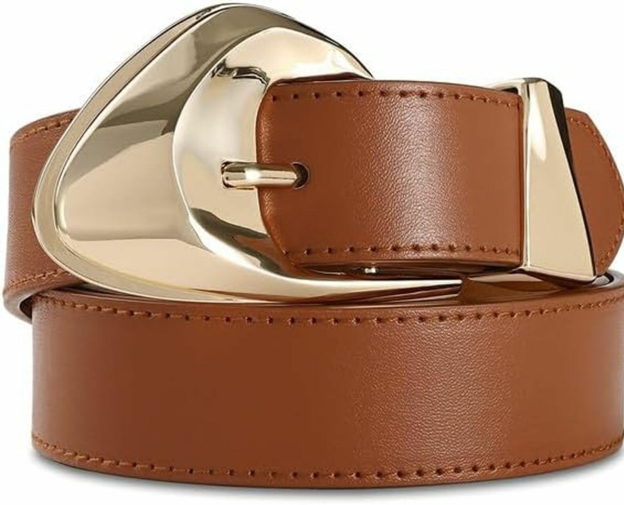 RISANTRY Brown Leather Belt For Women Casual Fashion Belts With Stylish Inflated Gold Buckle For Jeans Dresses | Belts