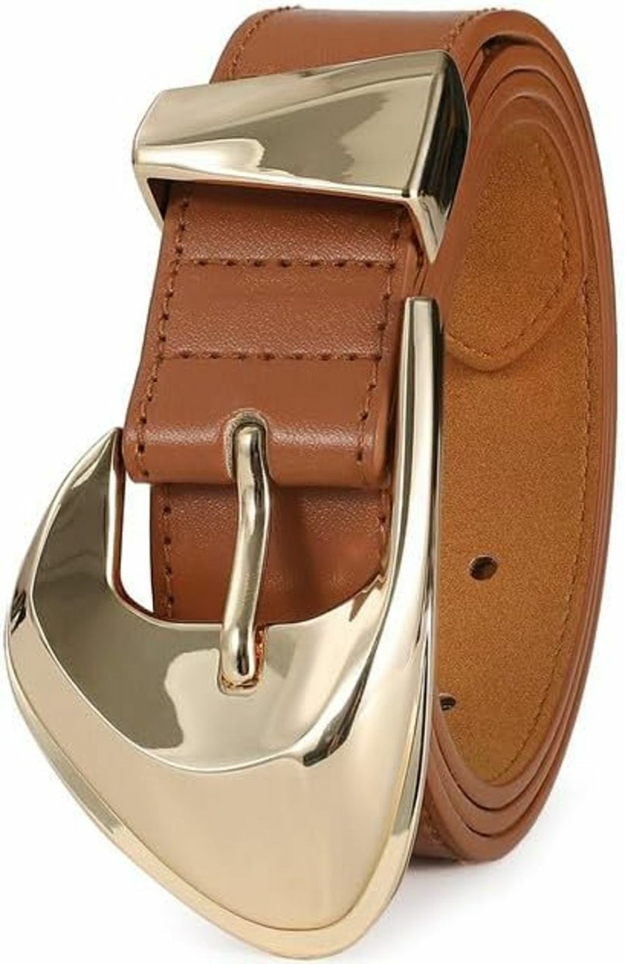 RISANTRY Brown Leather Belt For Women Casual Fashion Belts With Stylish Inflated Gold Buckle For Jeans Dresses | Belts