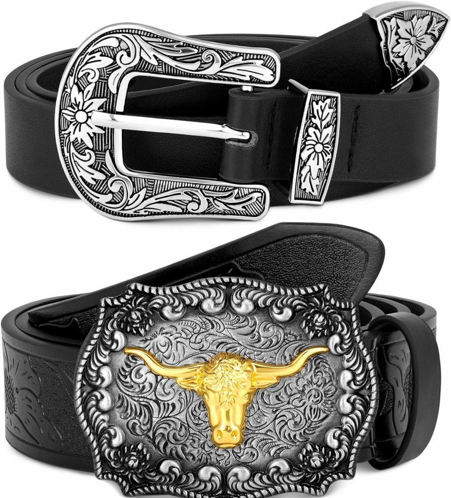 Hoosige Hoosige 2 Pcs Western Belt For Women Western Leather Buckle Belt Women Pu Leather Cowboy Country Vintage Belt For Cowgirl Ladies Jeans Dress Pants | Belts