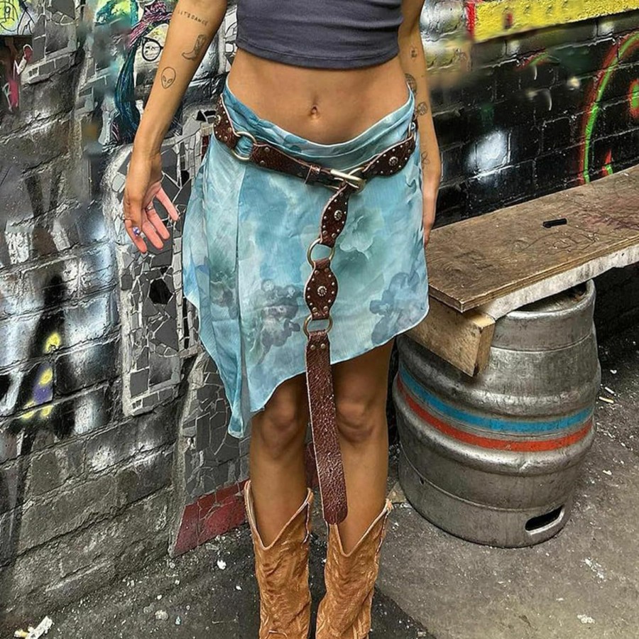 Baynoyia Women Hollow Disc Belt Wide Boho Concho Leather Belt Western Cowboy Belt Metal Vintage Belt Y2K Aesthetic Belts | Belts