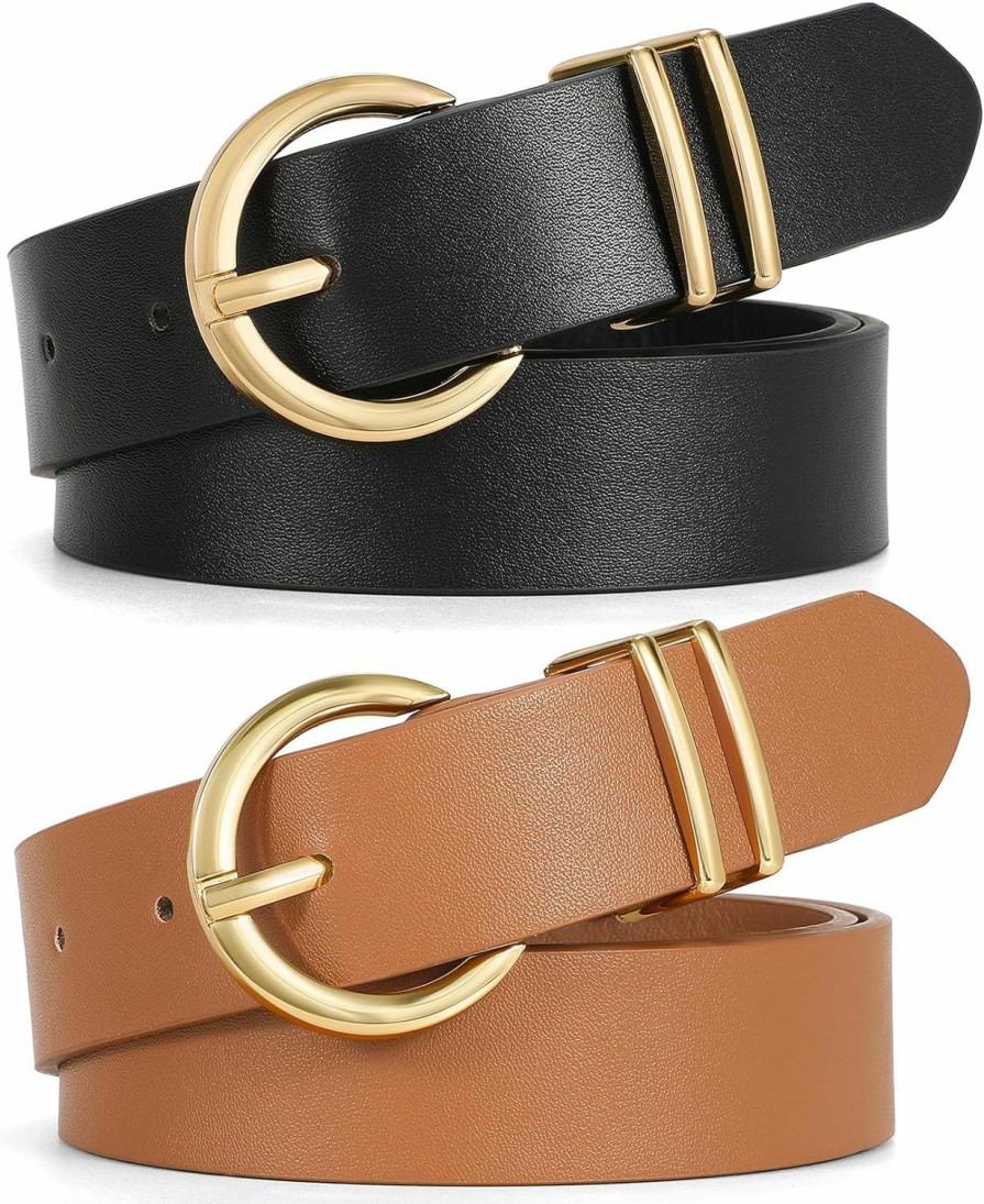 XZQTIVE Xzqtive 2 Pack Women Leather Belts For Jeans Pants Dresses Fashion Gold Buckle Ladies Waist Belt,Small To Plus Size | Belts