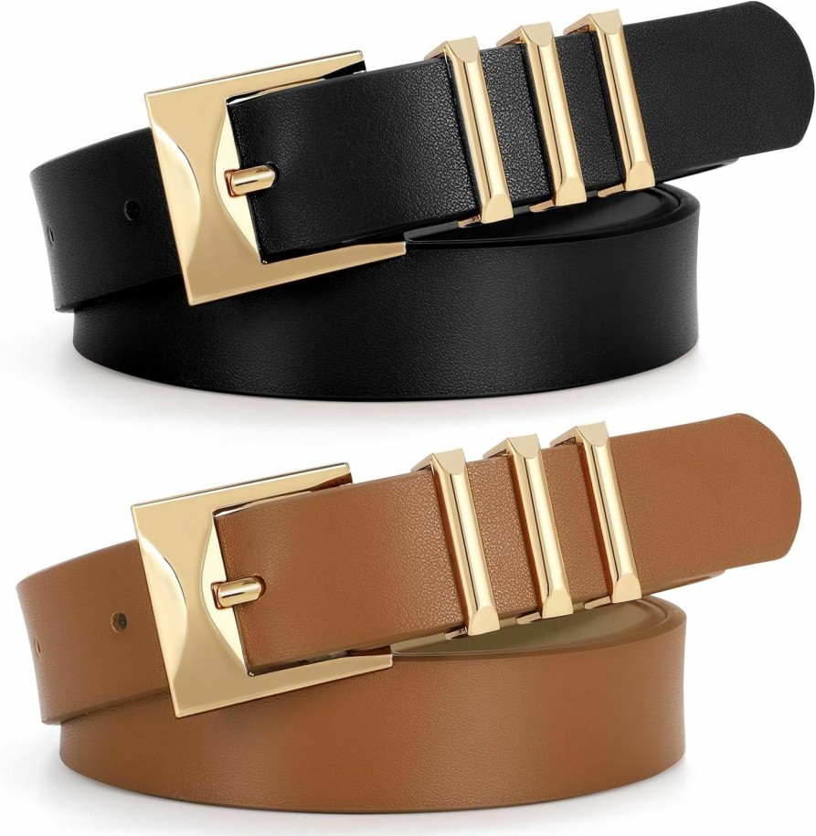 SUOSDEY Suosdey 2 Pack Women Faux Leather Belts For Jeans Dresses Pants Fashion Ladies Waist Belt With Gold Buckle 0.9" Width | Belts