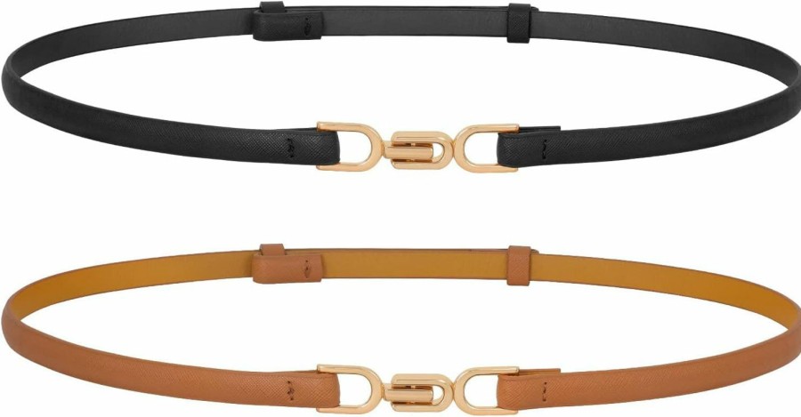 TRIWORKS 2 Pack Leather Skinny Women Belt Adjustable Thin Waist Belts With Alloy Buckle For Dresses | Belts