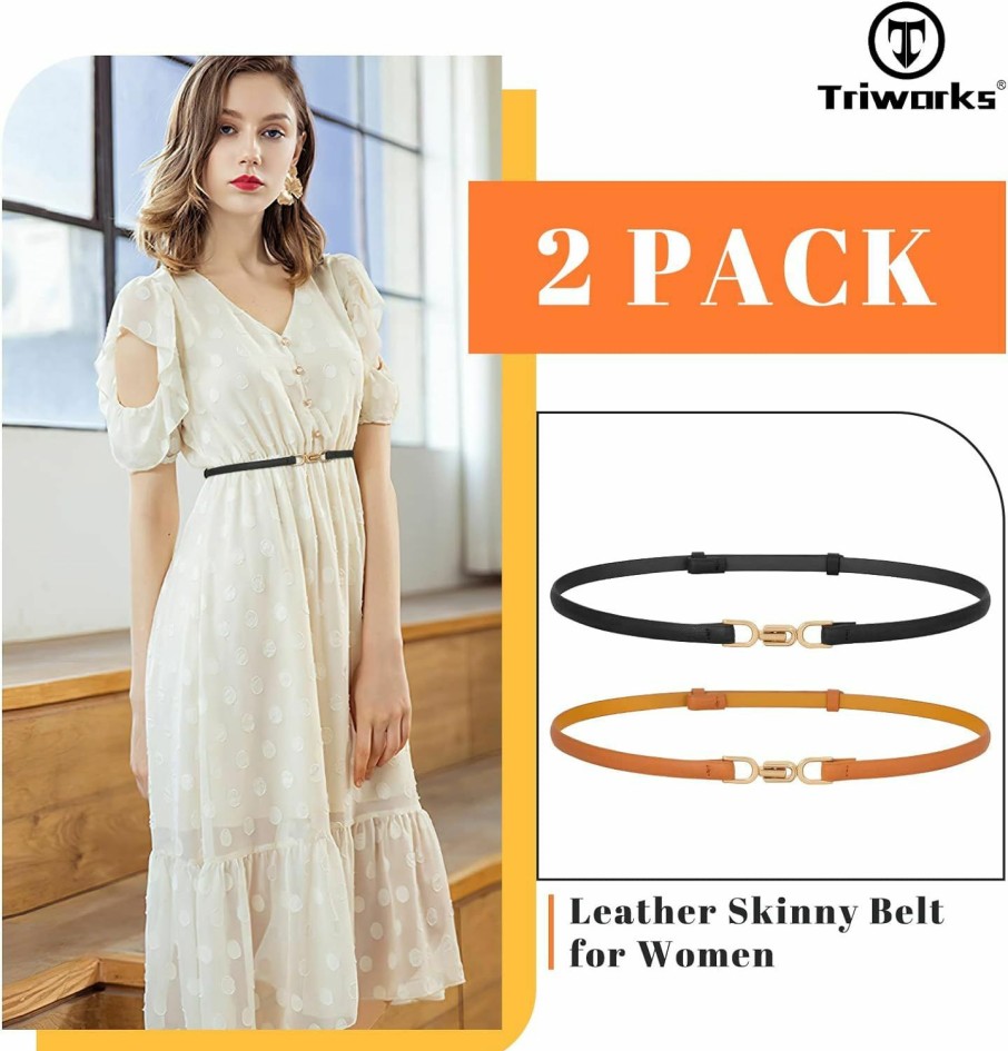 TRIWORKS 2 Pack Leather Skinny Women Belt Adjustable Thin Waist Belts With Alloy Buckle For Dresses | Belts