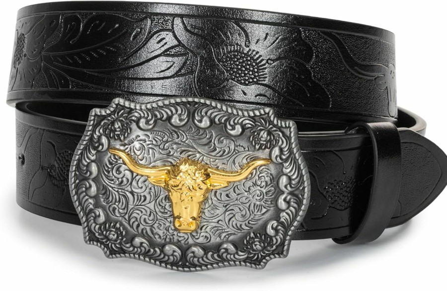 IZUS Men Women Rodeo Cowboy Belt,Metal Buckle Western Jean Belt With Floral Embossed Pu-Leather 1.5" Wide Uni Adult | Belts