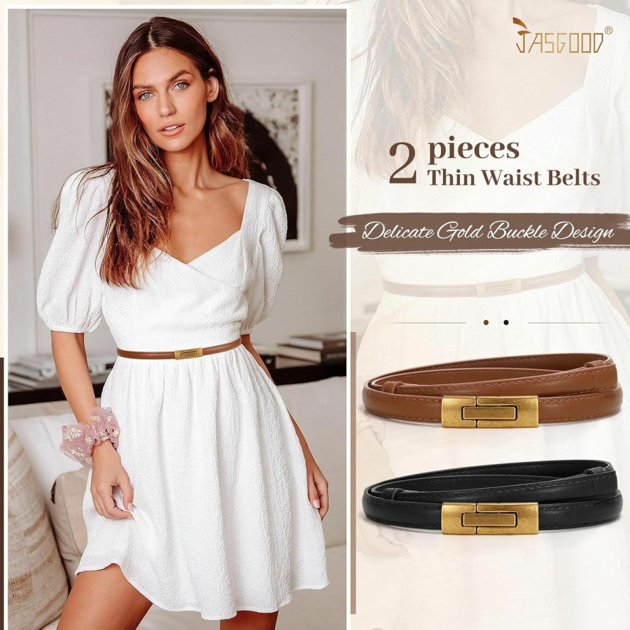 JASGOOD Jasgood Women Skinny Belts Leather Thin Waist Belts For Dress Ladies Belts With Gold Buckle | Belts