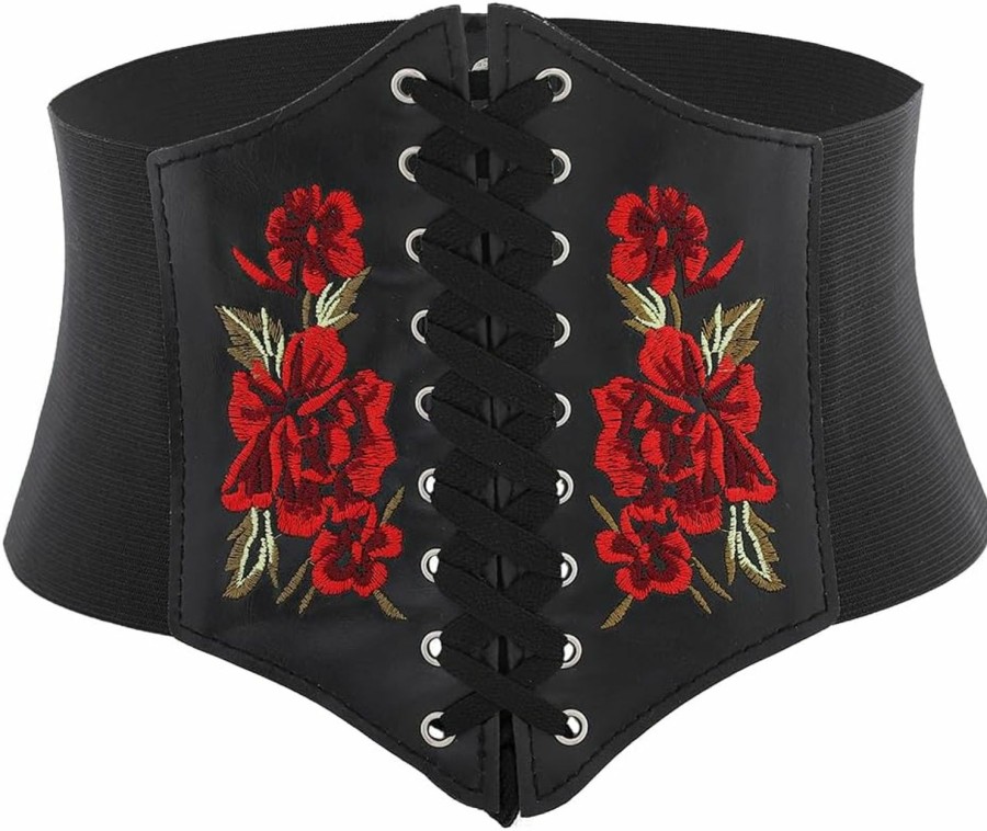 Urieo Urieo Elastic Lace-Up Corset Belt Stretchy Tied Black Leather Waspie Belts Wide Halloween Dress Cincher Waist Belt For Women | Belts