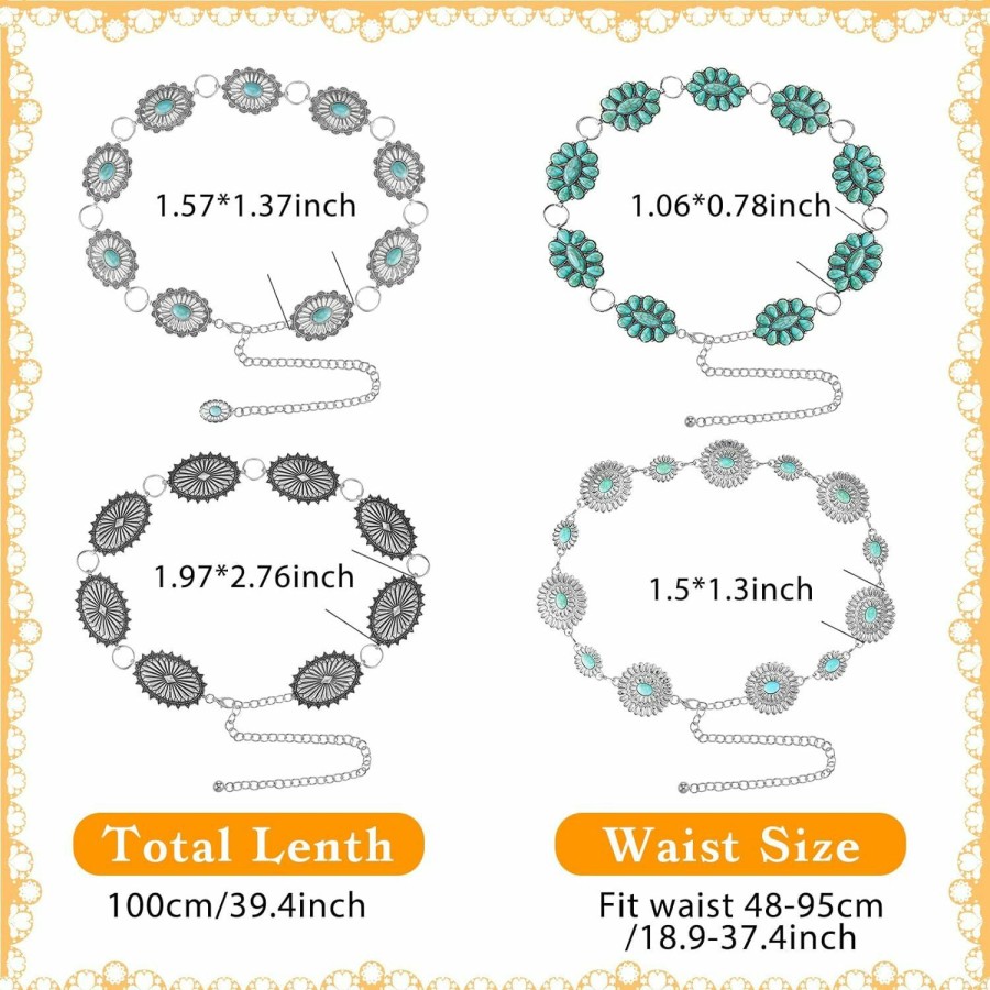 Henoyso Henoyso Western Metal Belts For Women Silver Oval Flowers Chain Waist Chains For Dresses Jeans Western Cowgirl | Belts