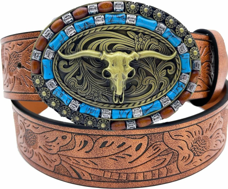 QIQILUXI Western Belt For Women Men Cowboys Cowgirls Carving Leather Country Belts Bullhead Buckles | Belts