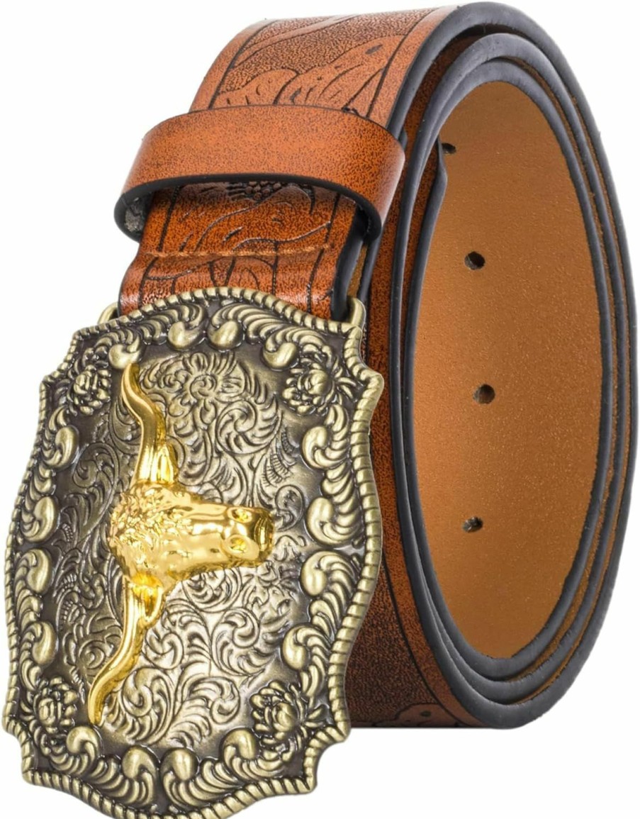 Vikodah Men & Women-Western-Cowboy-Leather-Belts - Longhorn Bull Pattern Buckle Belt Floral Engraved Buckle Belt For Jeans | Belts