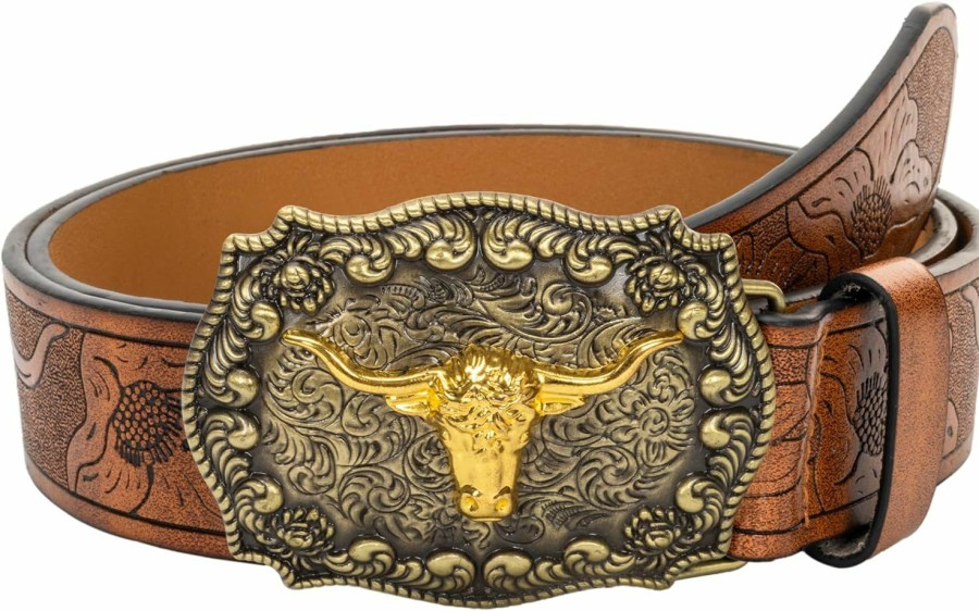 Vikodah Men & Women-Western-Cowboy-Leather-Belts - Longhorn Bull Pattern Buckle Belt Floral Engraved Buckle Belt For Jeans | Belts