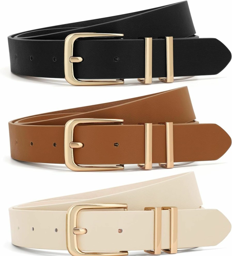 XZQTIVE Xzqtive 3 Pack Women Belts For Jeans Dresses Pants Ladies Leather Waist Belt With Gold Buckle | Belts