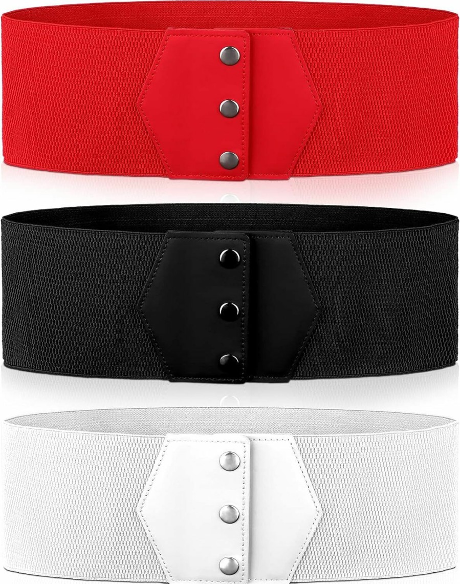 JenPen Stretchy Belt For Women 3 Pieces Elastic Snap Belt White Red Black Women Belts For Dresses Vintage Cinch Belt Elastic Waist Belt Women'S Snap-Button Waistband For Daily Dress Coat Costume Supplies | Belts