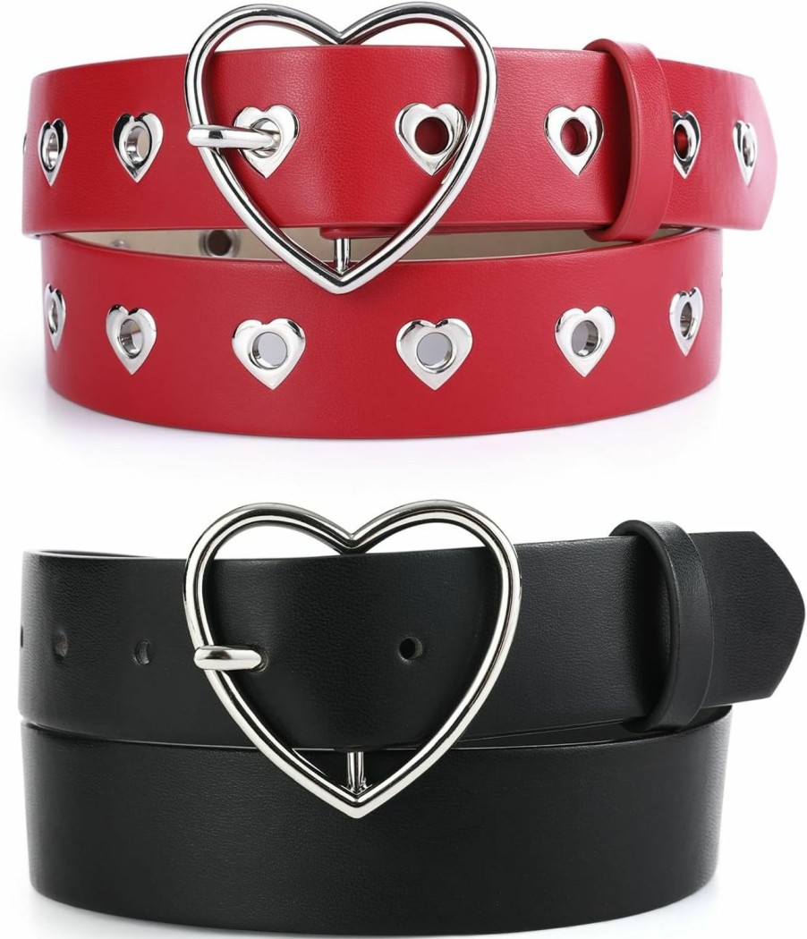 RISANTRY Red Heart Belts For Women Fashion, Ladies Dress Belts For Women Dressy, Black Leather Belts For Womens Jeans 2 Pack | Belts