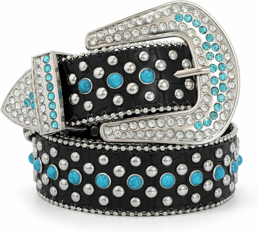 JASGOOD Jasgood Rhinestone Turquoise Belt For Women Men Western Cowboy Cowgirl Bling Studded Rivet Leather Belt | Belts