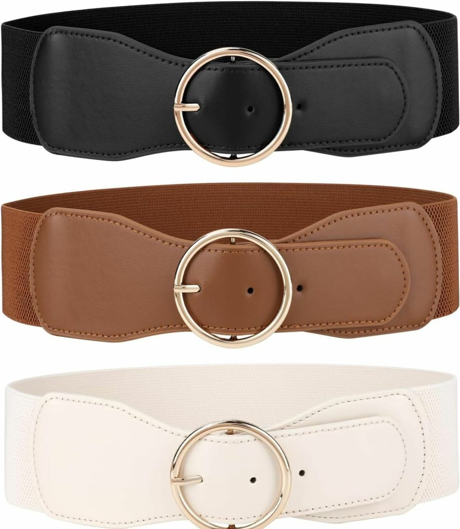 JASGOOD Jasgood 3 Pack Women Wide Elastic Waist Belt For Dress Ladies Stretch Belt With Gold Round Buckle | Belts