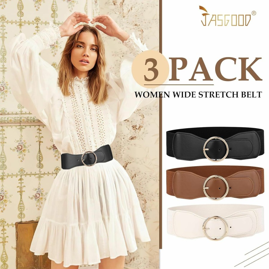 JASGOOD Jasgood 3 Pack Women Wide Elastic Waist Belt For Dress Ladies Stretch Belt With Gold Round Buckle | Belts