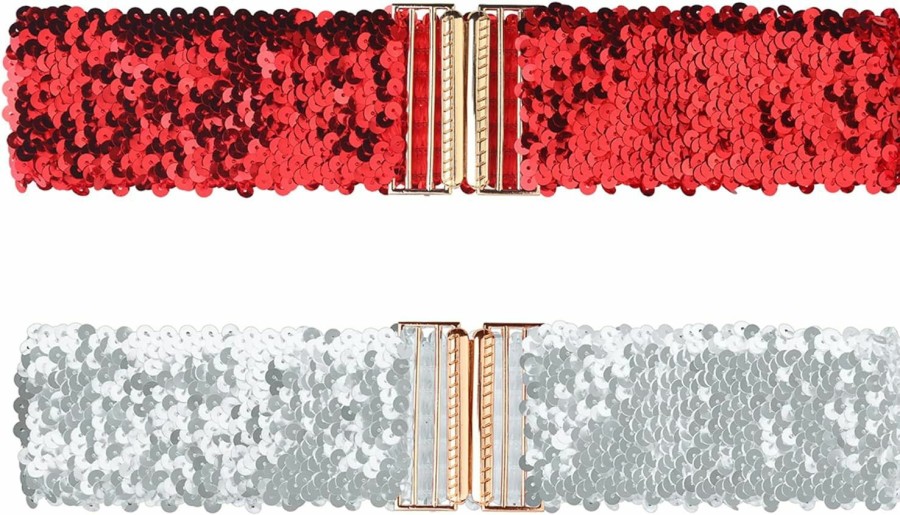 Allegra K Allegra K Womens Wide Waist Belts Interlock Buckles Sequins Decor Shinny Stretchy Belts 2Pcs | Belts