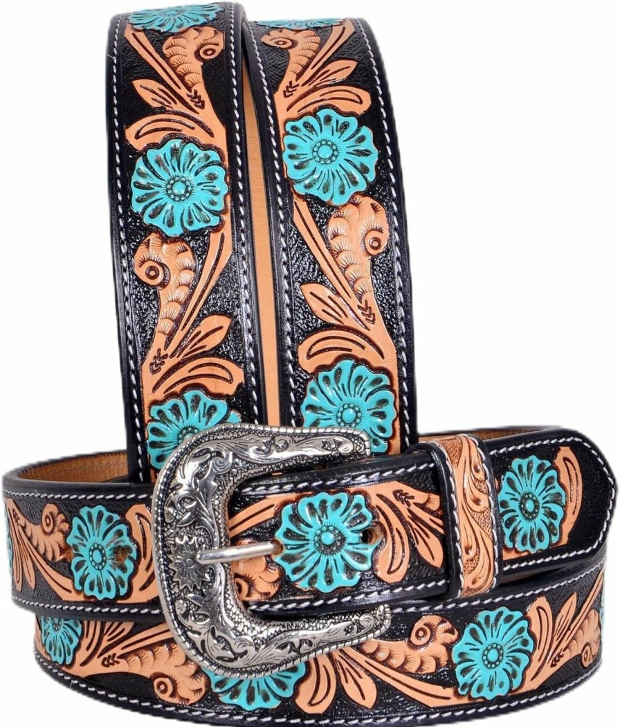 Affilare Western Style Leather Tooled Belt With Floral Design Hand Tooled And Hand Painted 30Is003 | Belts