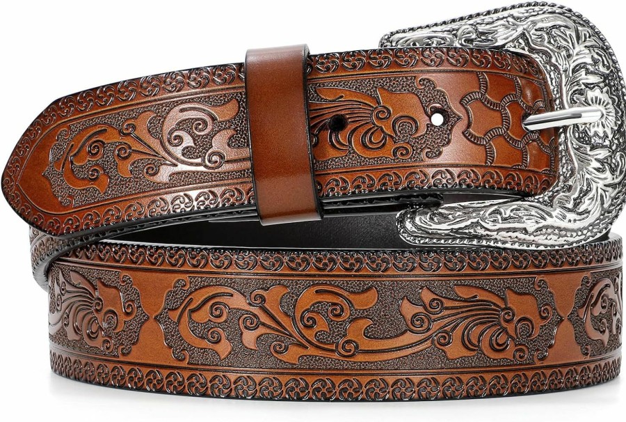 TRIWORKS Western Belt For Women Men Cowgirl Cowboy Floral Engraved Tooled Leather Belt With Buckle For Jeans Pants Rodeo | Belts