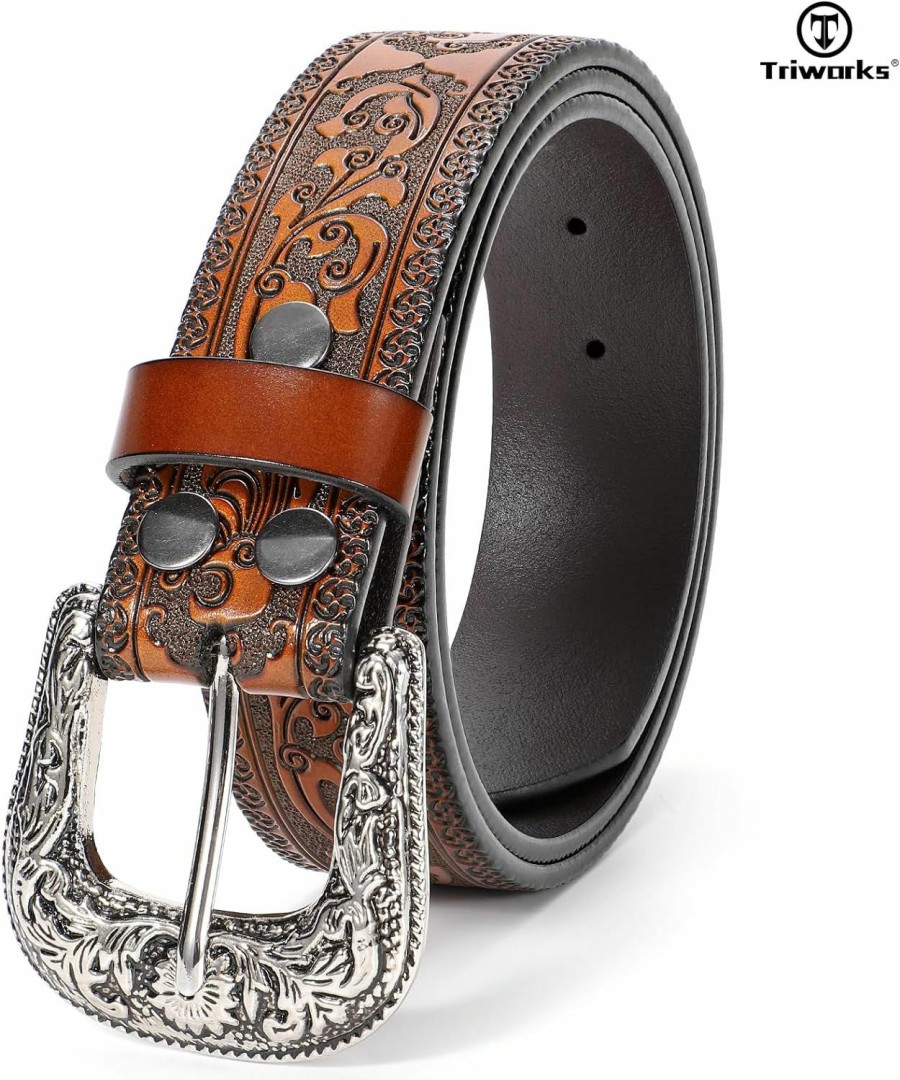 TRIWORKS Western Belt For Women Men Cowgirl Cowboy Floral Engraved Tooled Leather Belt With Buckle For Jeans Pants Rodeo | Belts