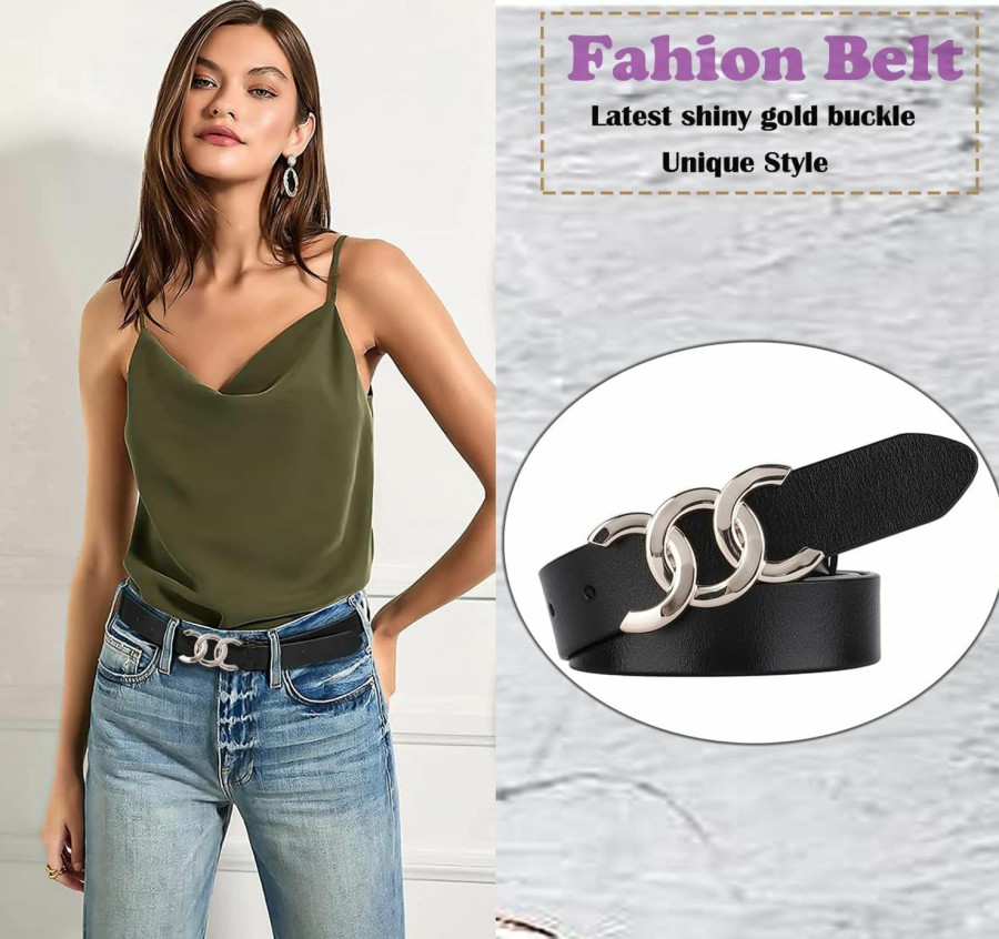 ALAIX Alaix Women'S Belt Gold/Silver Buckle Belt Black Leather Belt Fashion Dress Pants Jeans Belts For Women | Belts