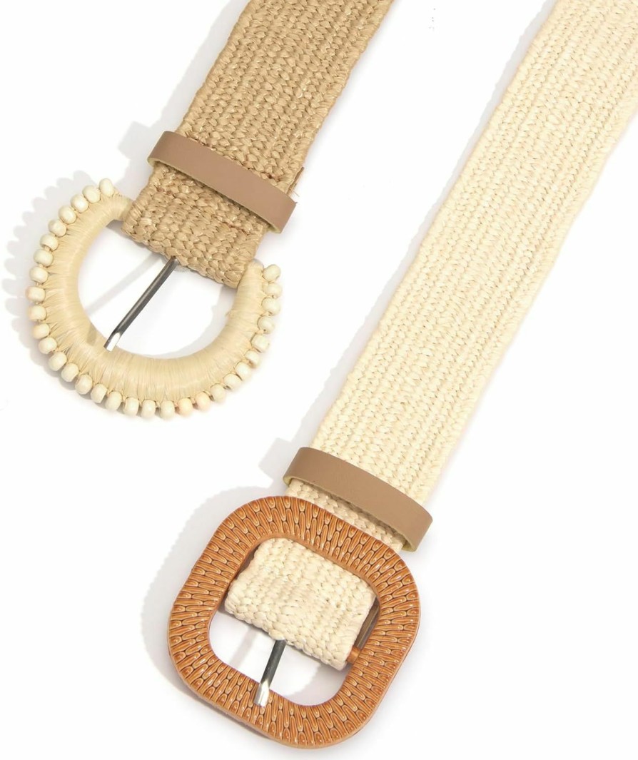 YooAi Straw Woven Belts For Women Dresses Boho Braided Stretchy Waist Belt For Summer Dress Pants 2 Pack | Belts