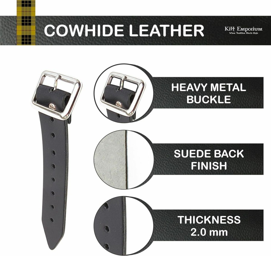 Kilt Emporium Kilt Emporium: Genuine Leather Kilt Extension Straps Buckle Extenders - 7\" X 1.25\" Belt Extender For Men - Customizable Fit & Heavy-Duty Metal Buckle Extender - Set Of 3, Black | Belts